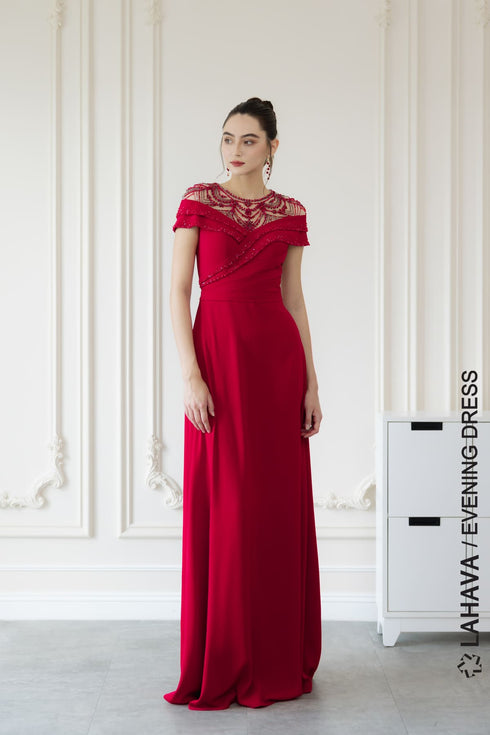 Red pleated beading evening gown